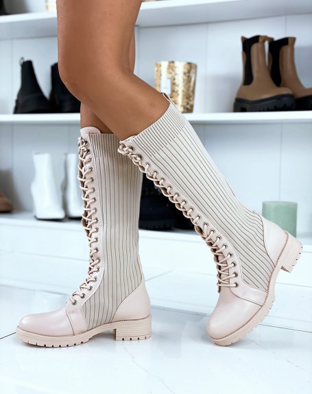 Beige high sock-effect boots