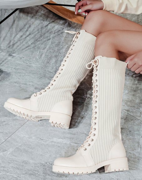 Beige high sock-effect boots