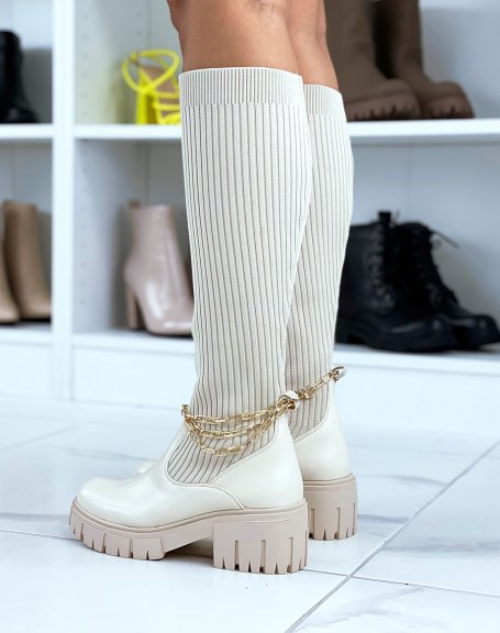 Beige high sock-effect boots with thin golden chains