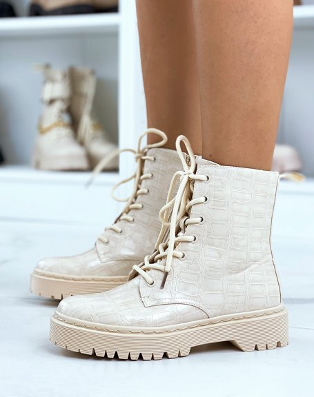 Beige high-top croc-effect lace-up ankle boots