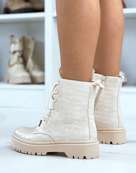 Beige high-top croc-effect lace-up ankle boots