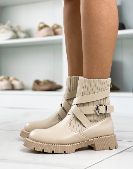 Beige interlocking straps sock-effect ankle boots