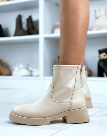 Beige knee-high sock-effect faux leather ankle boots