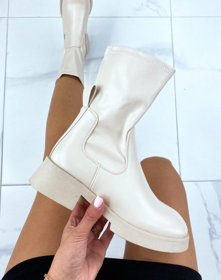 Beige knee-high sock-effect faux leather ankle boots