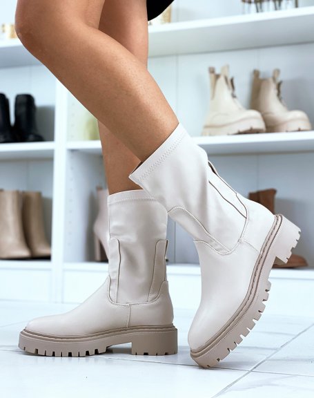 Beige knee-high sock-style ankle boots