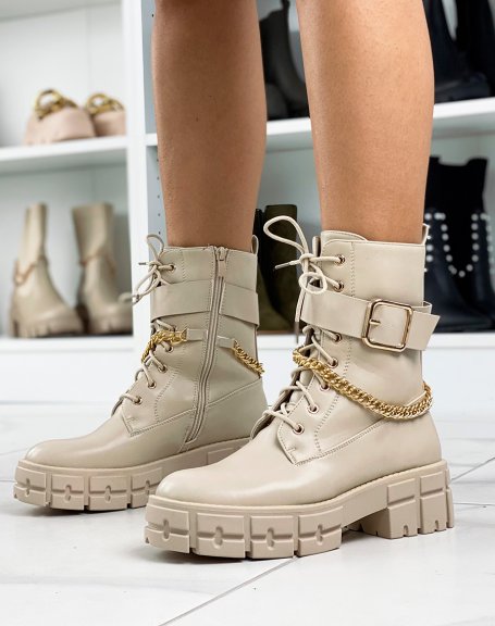 Beige lace-up ankle boots with strap and golden chain