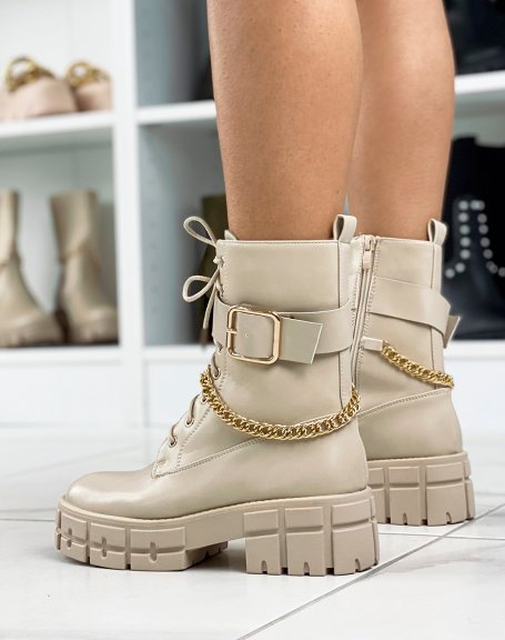 Beige lace-up ankle boots with strap and golden chain