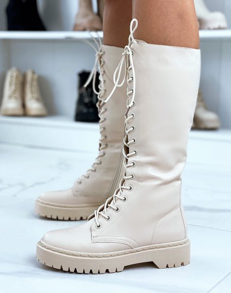Beige lace-up boots with flat lug sole