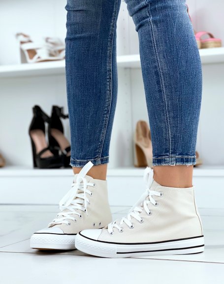 Beige lace-up canvas high-top sneakers