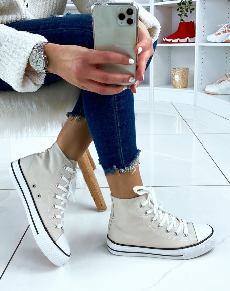 Beige lace-up canvas high-top sneakers