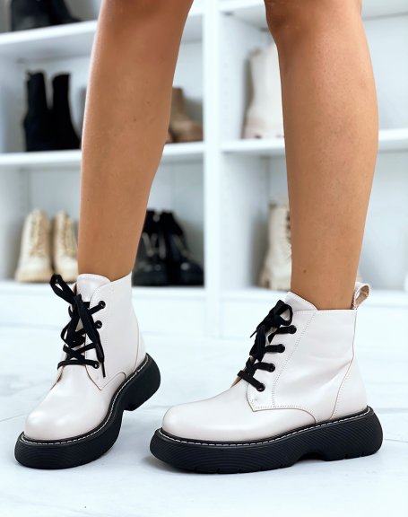 Beige lace-up chunky platform ankle boots