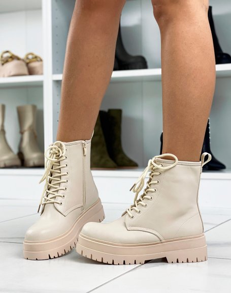 Beige lace-up chunky sole ankle boots