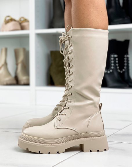 Beige lace-up heeled boots
