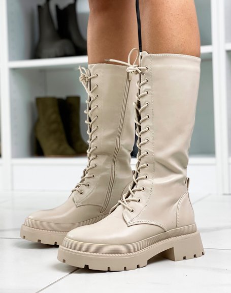 Beige lace-up heeled boots