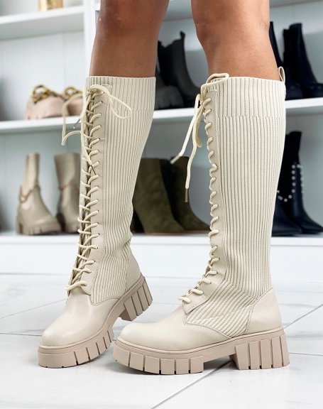 Beige lace-up sock boots