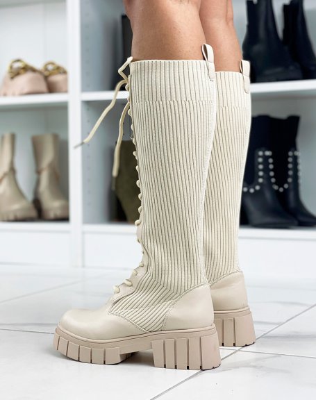 Beige lace-up sock boots
