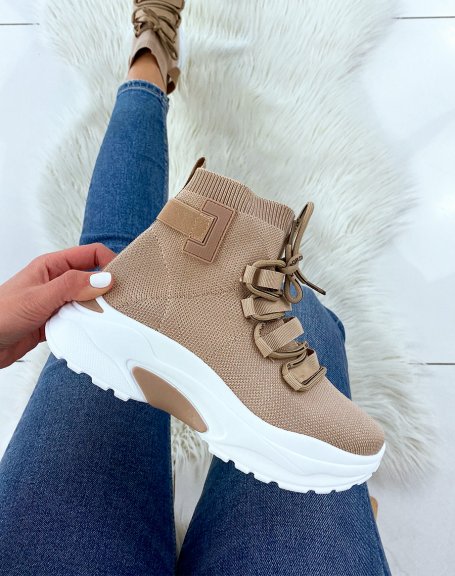 Beige lace-up sock sneakers with chunky sole