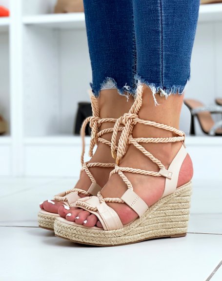 Beige lace-up wedges with hessian sole