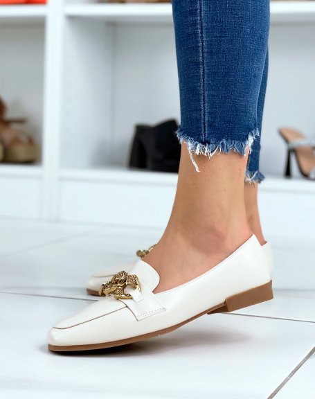 Beige loafers with rhinestone gold chain