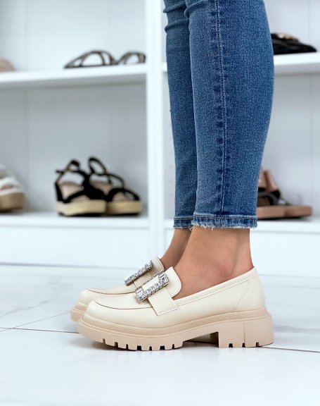 Beige loafers with square rhinestone yoke and notched sole