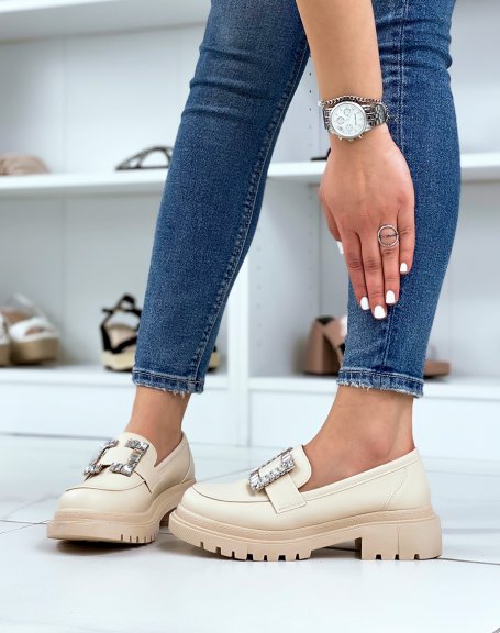 Beige loafers with square rhinestone yoke and notched sole