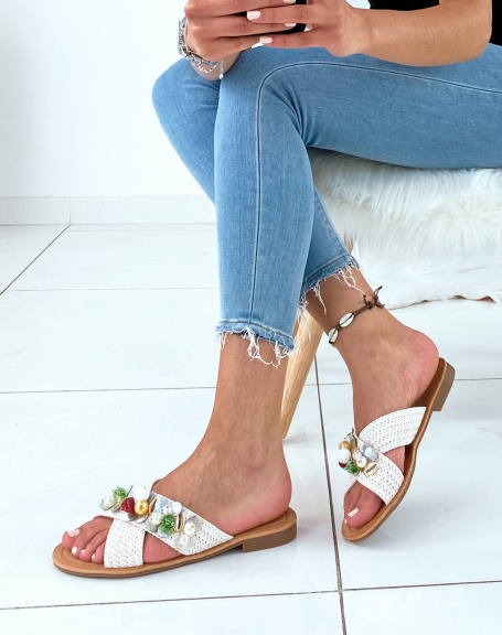 Beige mules with double crossed straps decorated with jewels