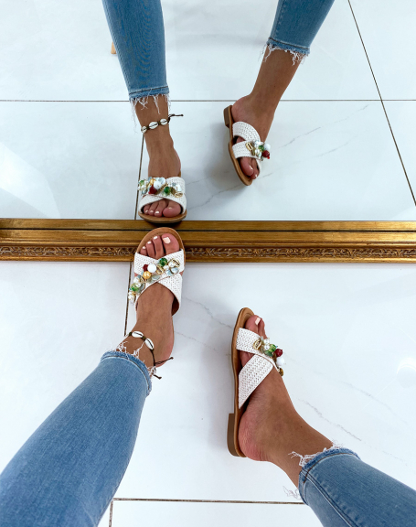 Beige mules with double crossed straps decorated with jewels