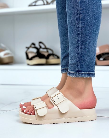 Beige mules with double front straps