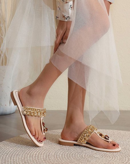 Beige mules with golden chains