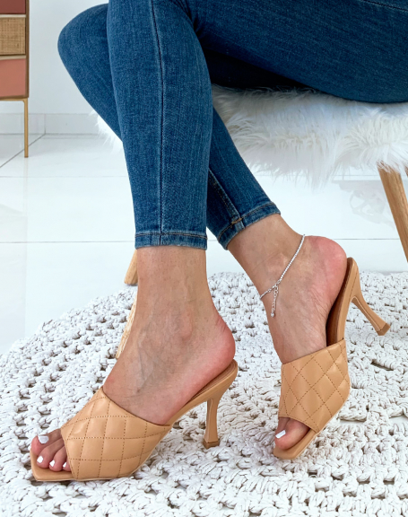 Beige mules with heels and wide padded straps