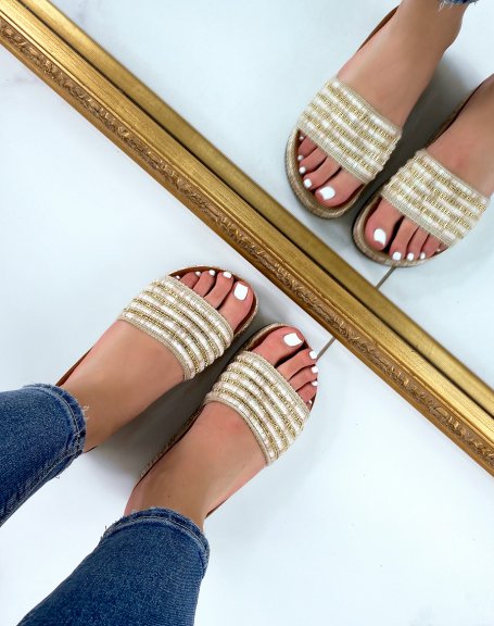 Beige mules with platform sole and pink and gold jewels