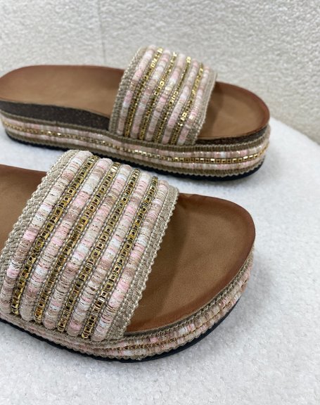 Beige mules with platform sole and pink and gold jewels