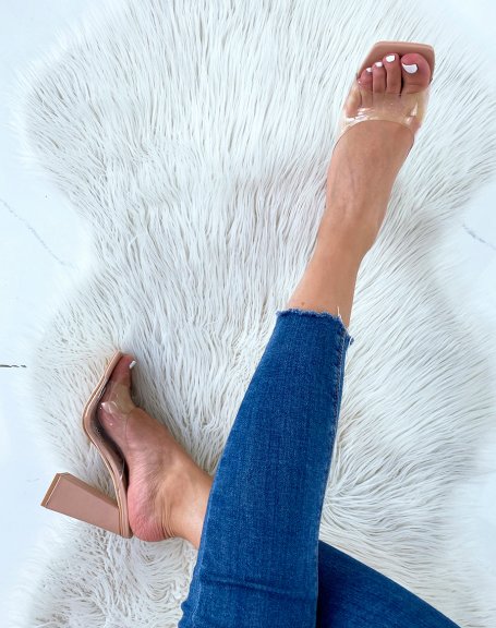 Beige mules with square heel and chunky transparent strap