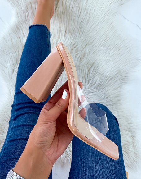 Beige mules with square heel and chunky transparent strap