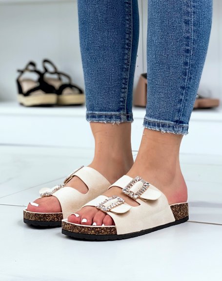 Beige mules with thick straps and rhinestone jewels