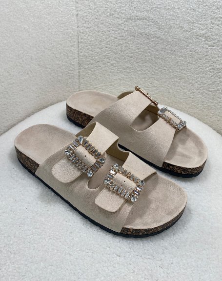 Beige mules with thick straps and rhinestone jewels
