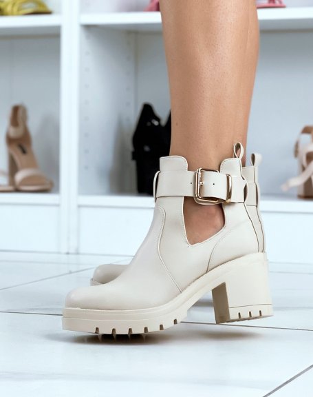 Beige open ankle boots with heel