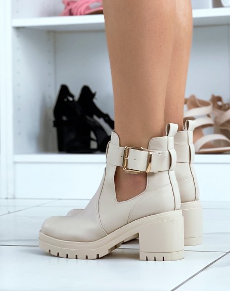 Beige open ankle boots with heel
