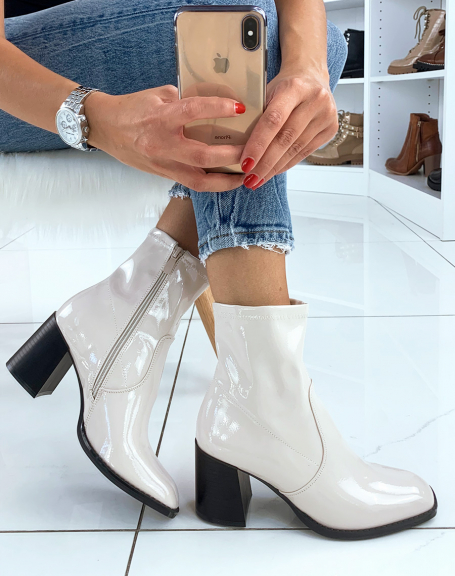 Beige patent heeled square toe ankle boots
