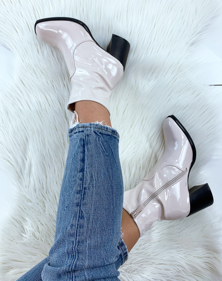 Beige patent heeled square toe ankle boots