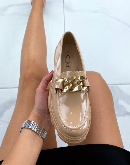 Beige patent loafers with thick soles and golden chain