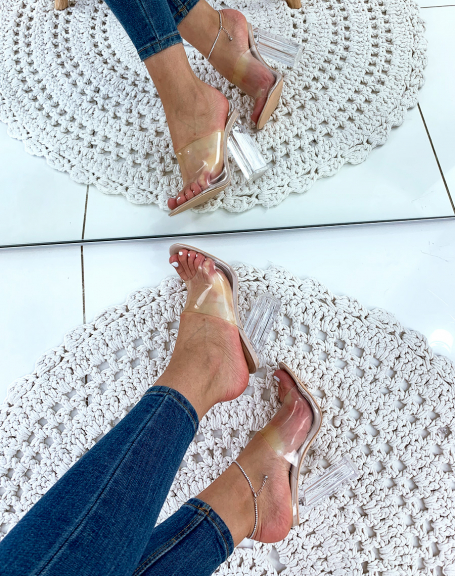 Beige patent mules with heels and large transparent straps