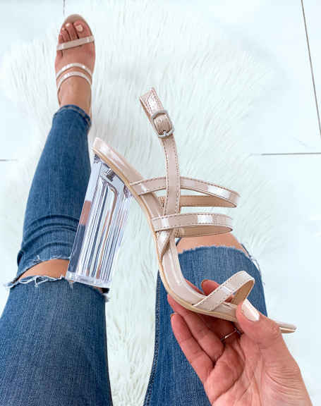 Beige patent sandals with multiple straps and transparent block heels