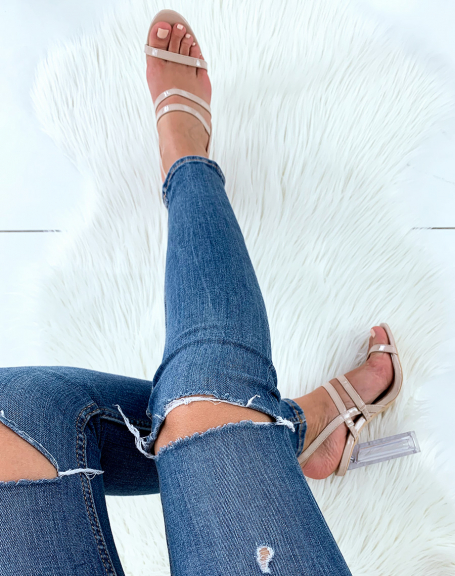 Beige patent sandals with multiple straps and transparent block heels