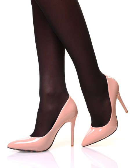 Beige pink patent stiletto heel pumps