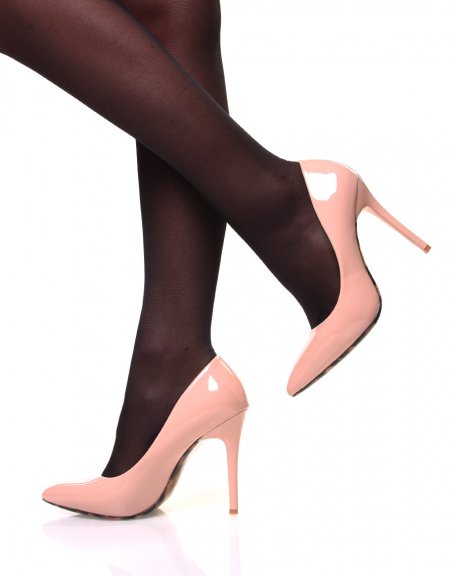 Beige pink patent stiletto heel pumps