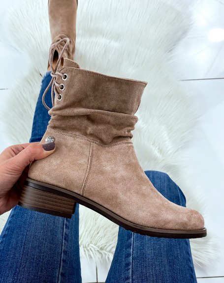 Beige-pink pleated suede ankle boots