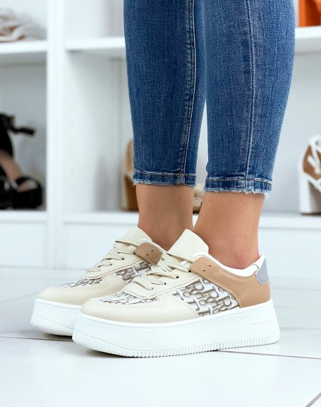 Beige platform sneakers with fabric inserts