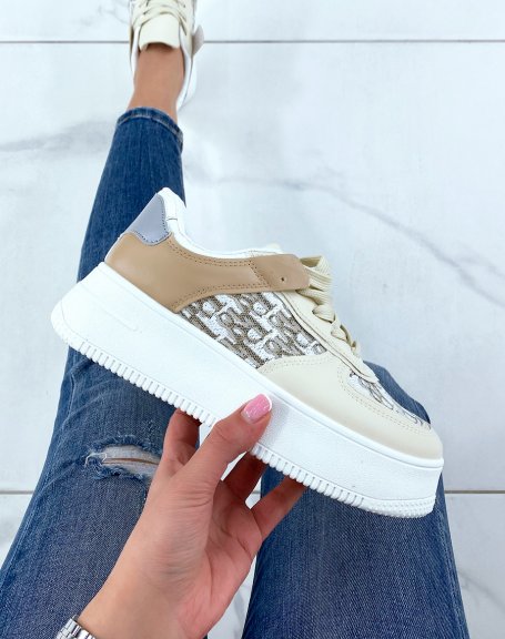 Beige platform sneakers with fabric inserts