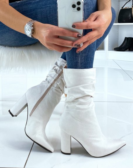 Beige Pleated Pointed Toe Heeled Ankle Boots